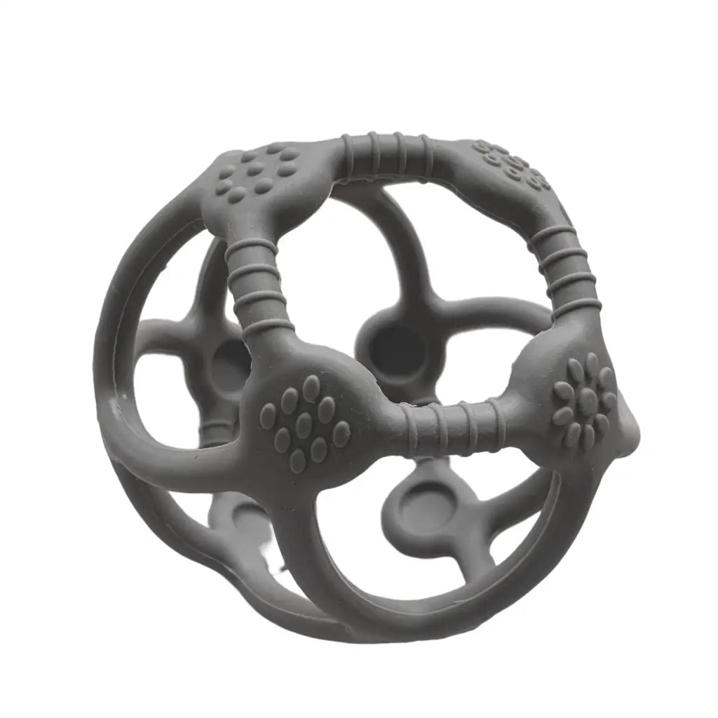 Gray spherical teething toy with various textured surfaces and openings.