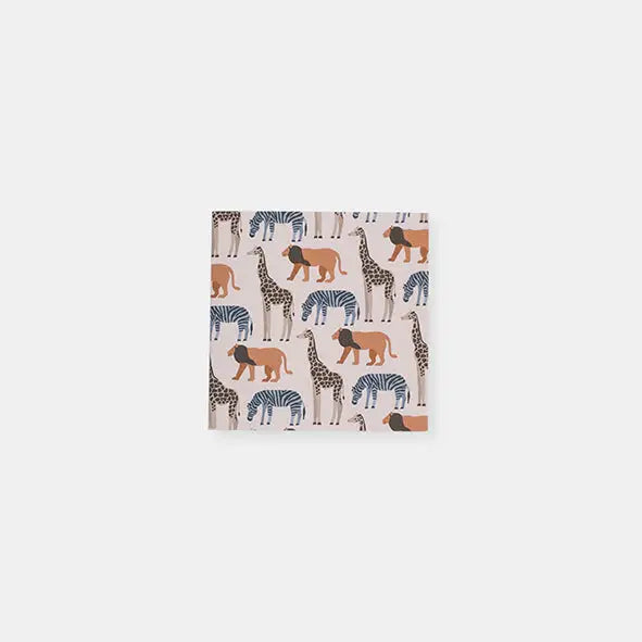 Pattern featuring various stylized safari animals including giraffes, tigers, and zebras on a light background.