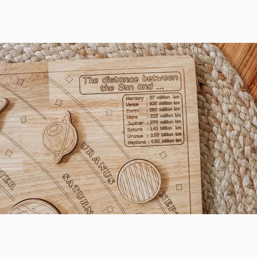 Wooden educational board displaying information about distances between planets and the Sun.