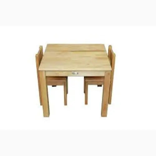 Wooden square table with two chairs.