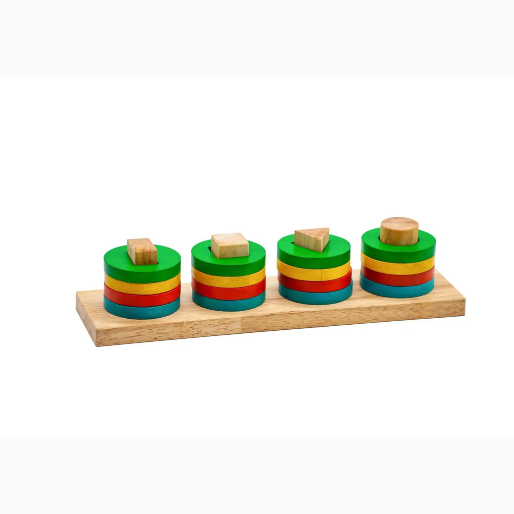 Wooden stacking toy with colorful rings.