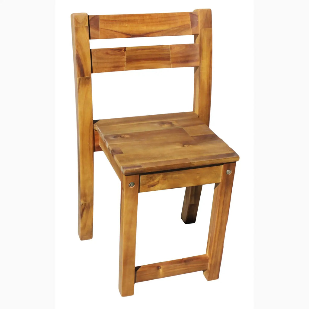 Wooden chair with slatted back.