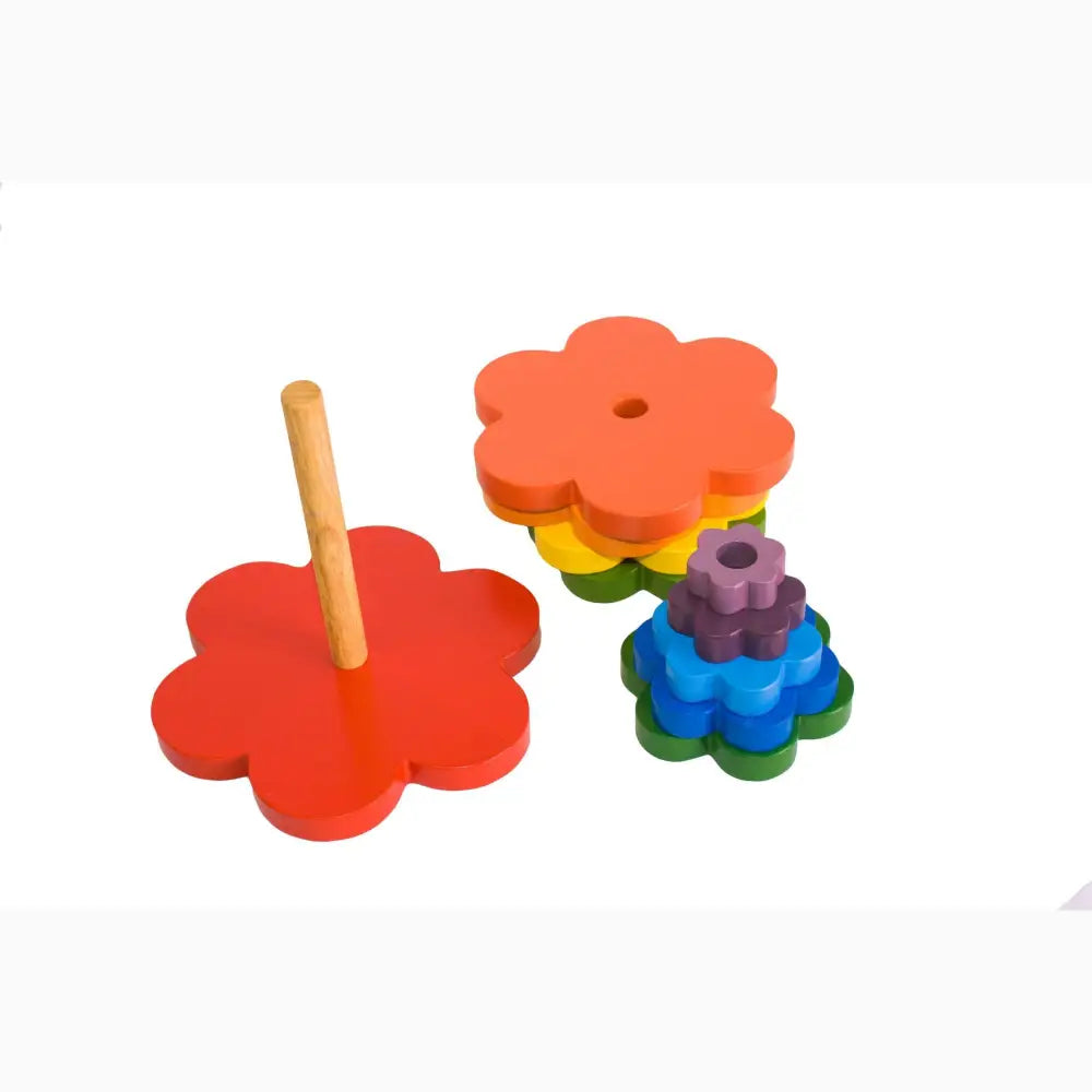 Colorful wooden flower-shaped stacking toy with different sized pieces.