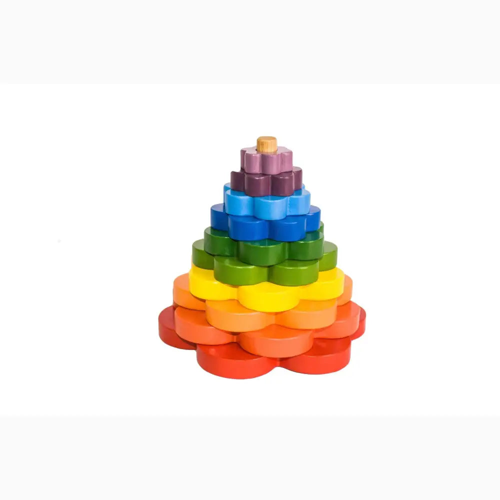 Colorful wooden stacking toy in the shape of a flower or tree.