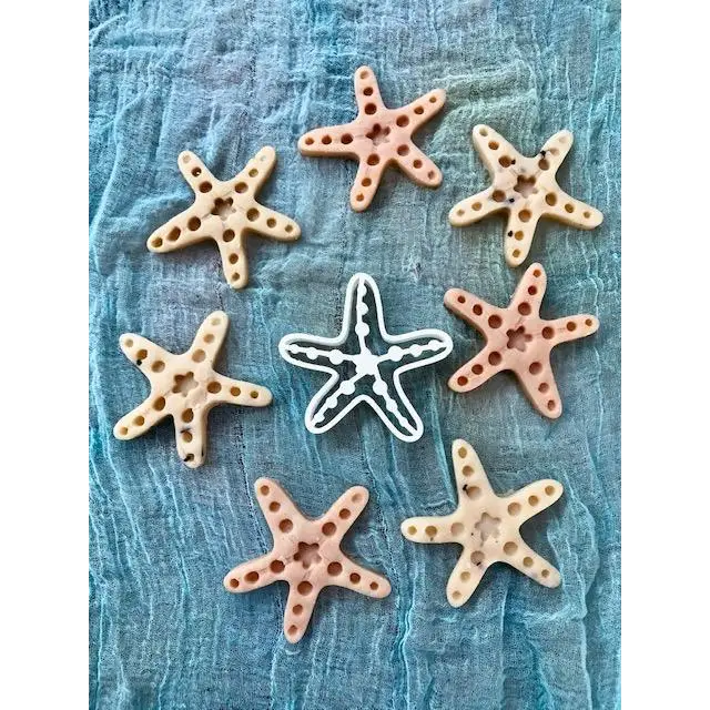 Collection of decorative ceramic starfish in various colors and designs.