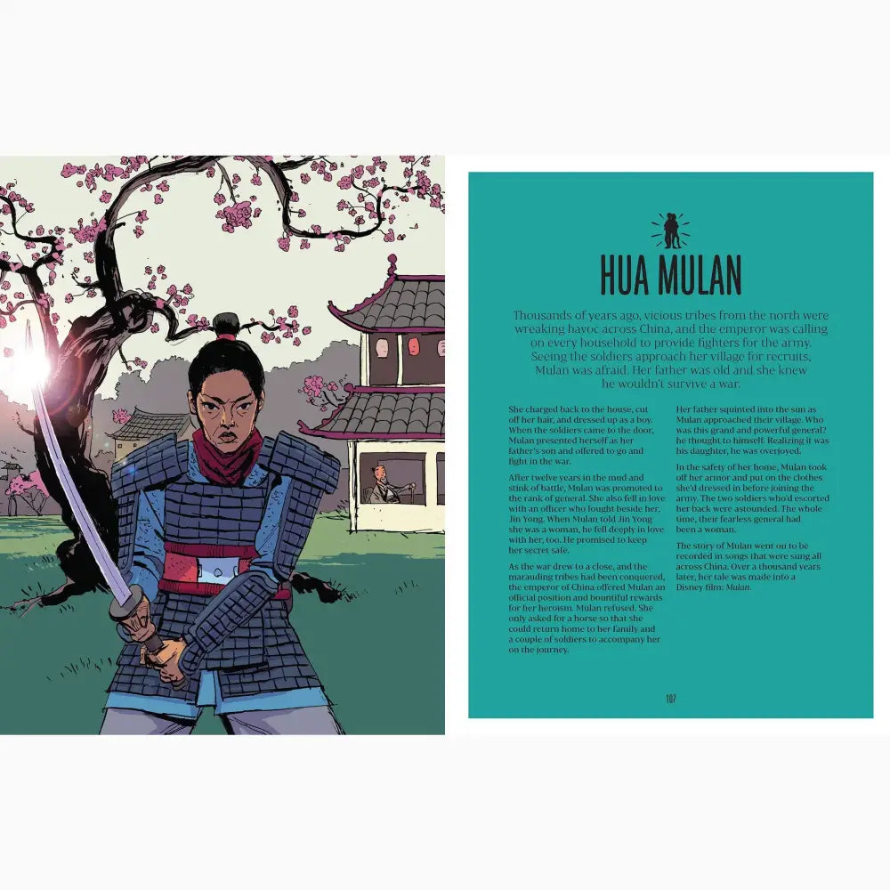 Book spread featuring an illustration of a Chinese warrior and text about Hua Mulan.