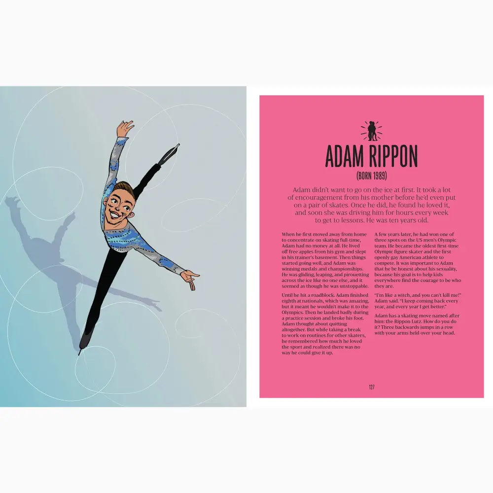 Illustrated book spread featuring a dancer leaping on the left page and text about Adam Rippon on the right page.