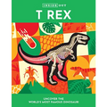 Skeletal illustration of a Tyrannosaurus Rex against a colorful patchwork background.