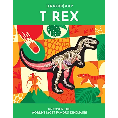 Skeletal illustration of a Tyrannosaurus Rex against a colorful patchwork background.
