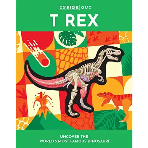 Skeletal illustration of a Tyrannosaurus Rex against a colorful patchwork background.