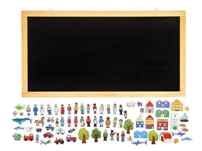Blackboard with wooden frame and colorful magnetic pieces below.