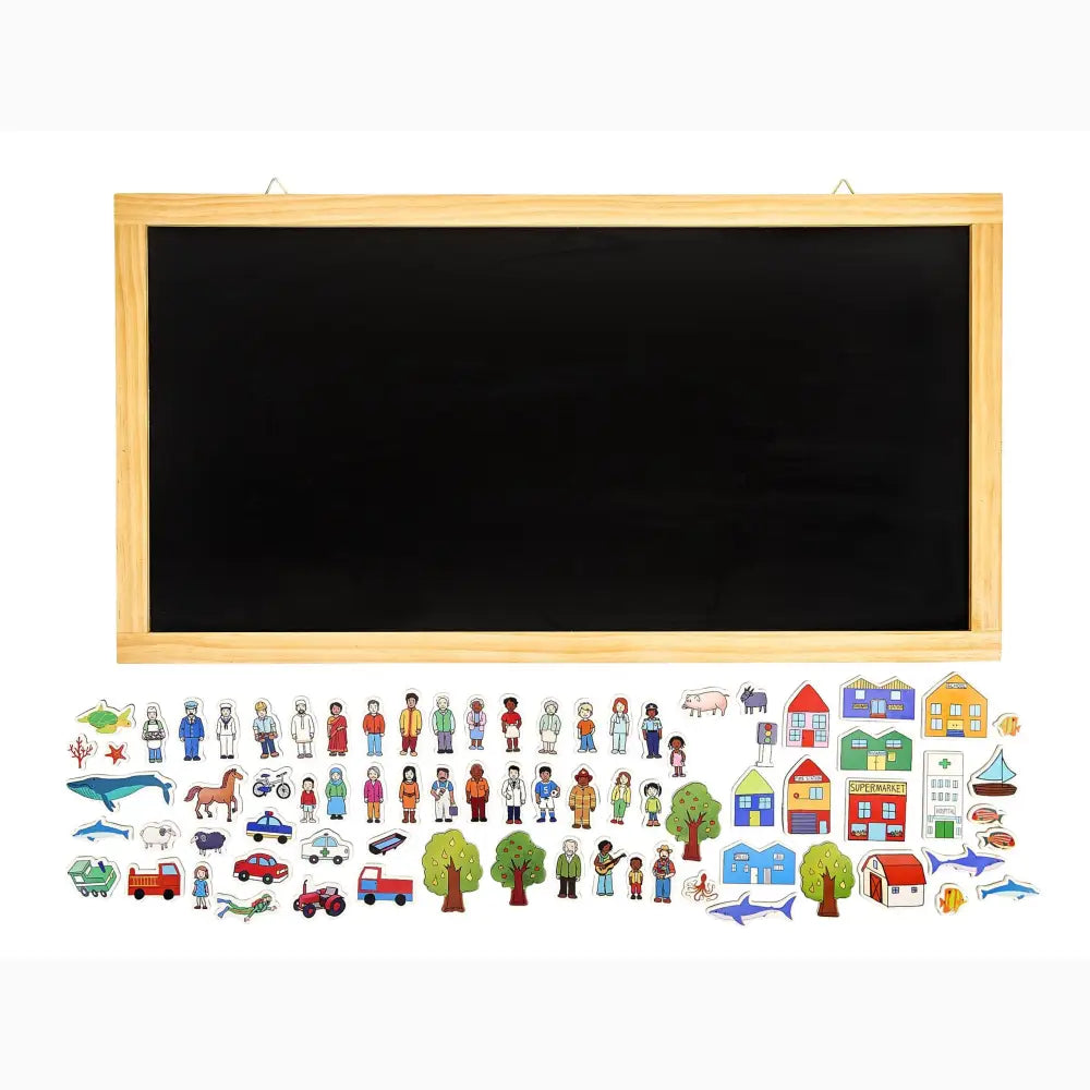 Blackboard with wooden frame and colorful magnetic pieces below.