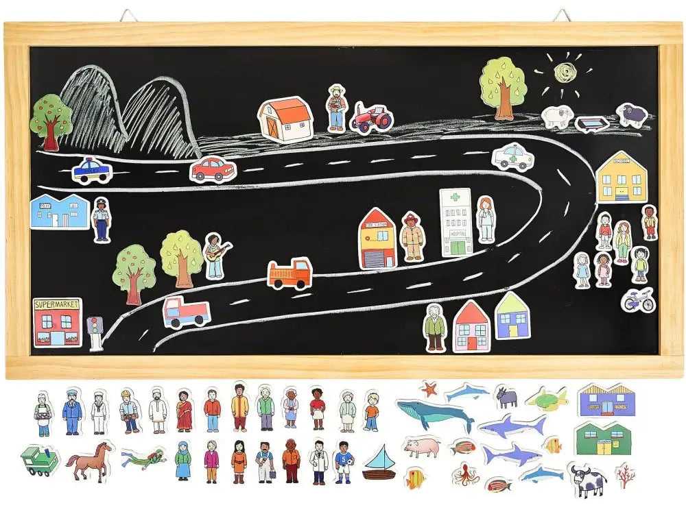Chalkboard with a road scene and various magnetic pieces to create a town or community layout.