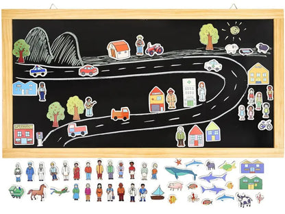 Chalkboard with a road scene and various magnetic pieces to create a town or community layout.