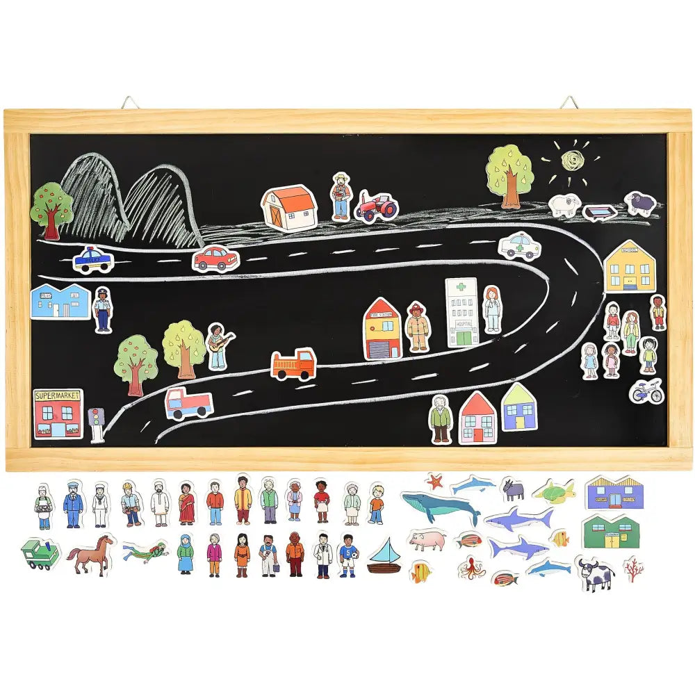 Chalkboard with a road scene and various magnetic pieces to create a town or community layout.