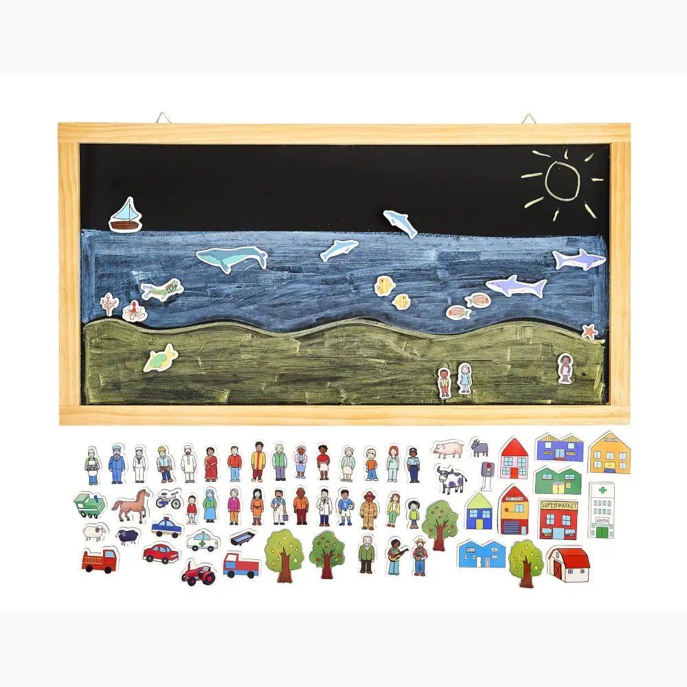 Magnetic board with ocean scene and various detachable figures and objects.