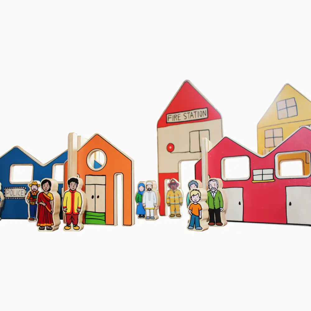 Colorful wooden toy town set with buildings and figurines.