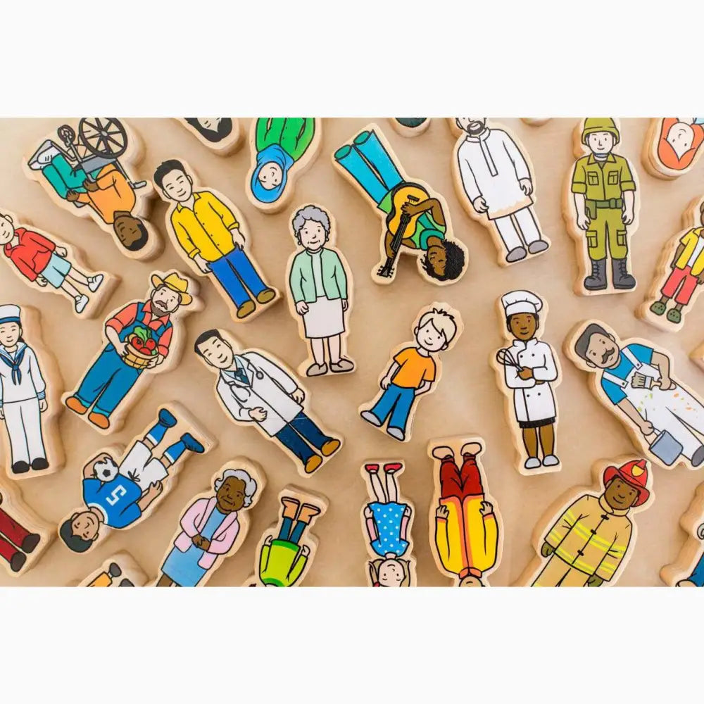 Collection of diverse cartoon character cutouts representing different professions and people.