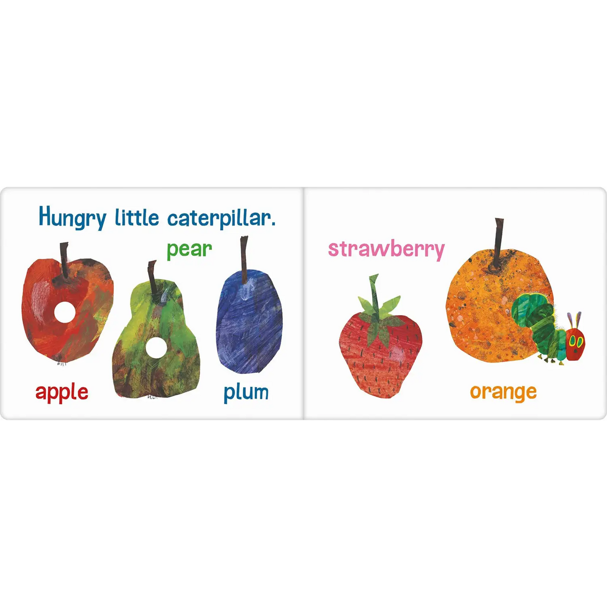 Colorful illustration of fruits and a caterpillar in a simple, stylized design reminiscent of ’The Very Hungry Caterpillar’ children’s book.