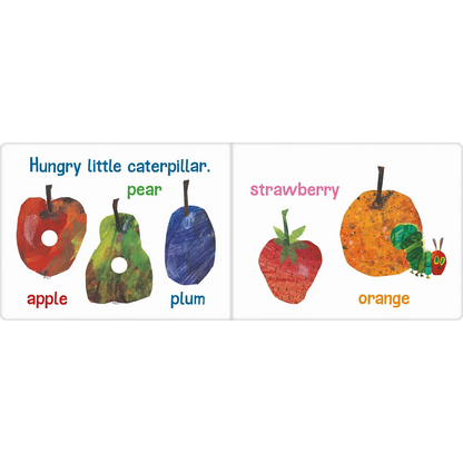 Colorful illustration of fruits and a caterpillar in a simple, stylized design reminiscent of ’The Very Hungry Caterpillar’ children’s book.
