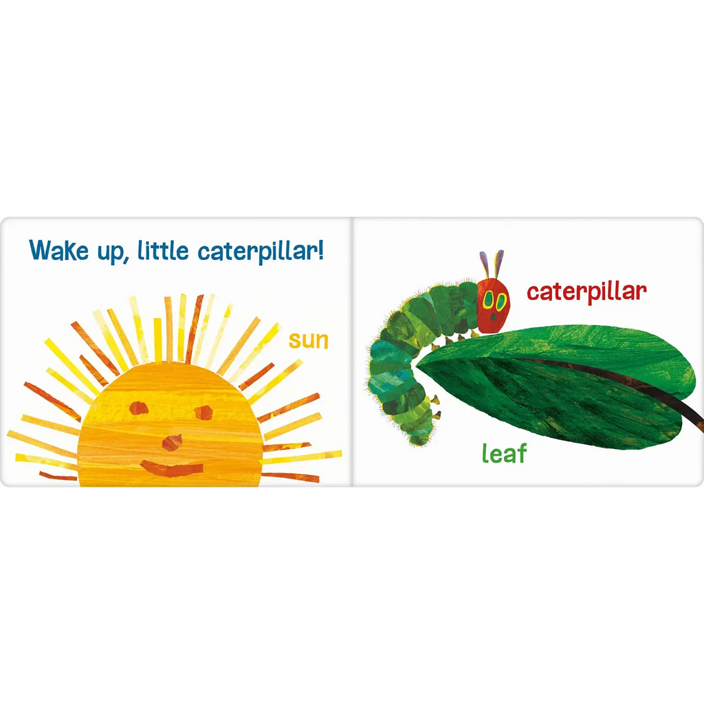 Colorful illustration of a smiling sun and a green caterpillar on a leaf.