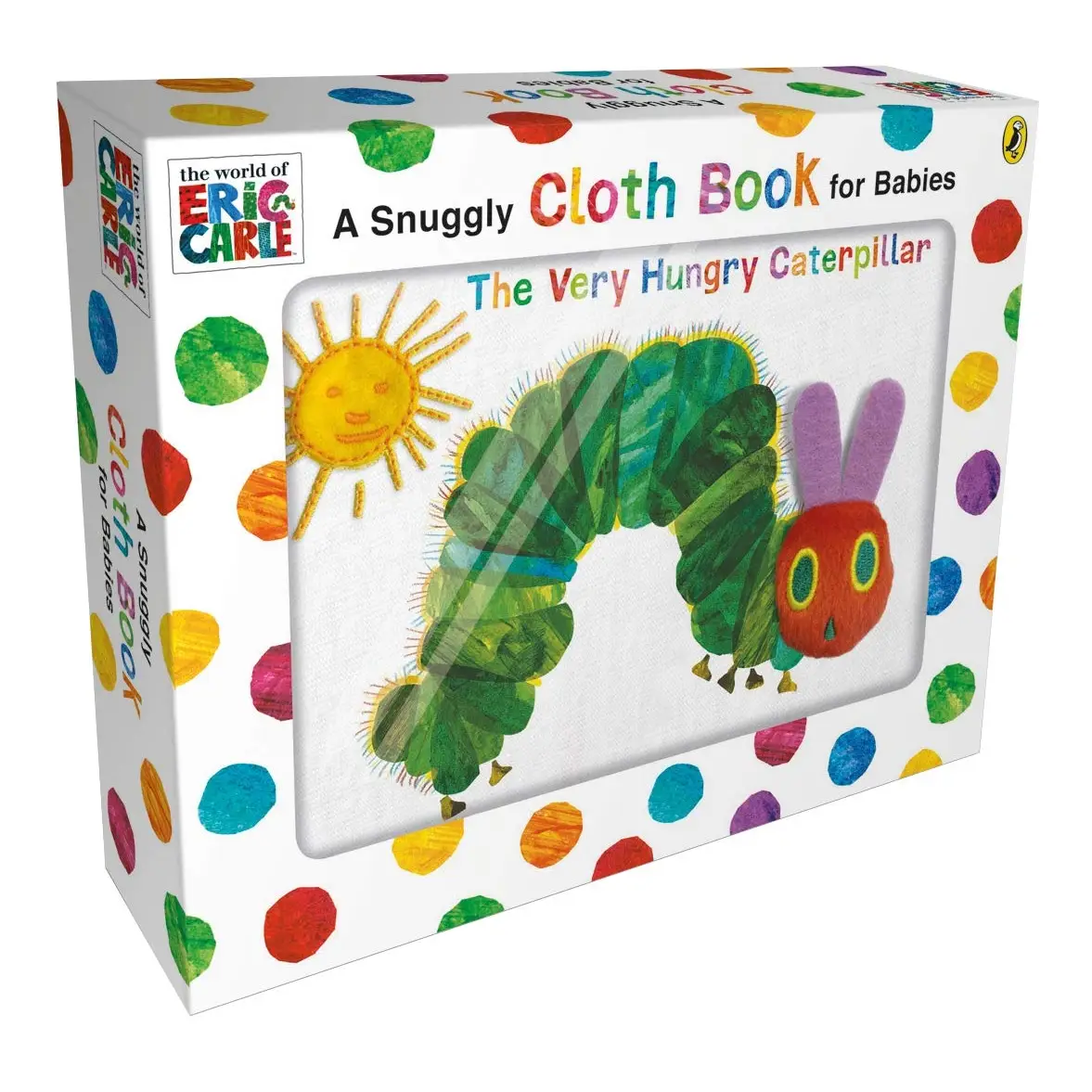 Colorful box containing a cloth book for babies featuring ’The Very Hungry Caterpillar’ story.