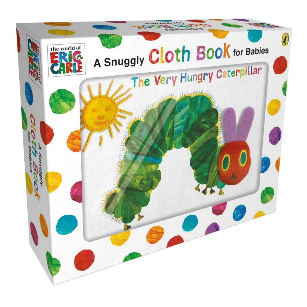 Colorful box containing a cloth book for babies featuring ’The Very Hungry Caterpillar’ story.