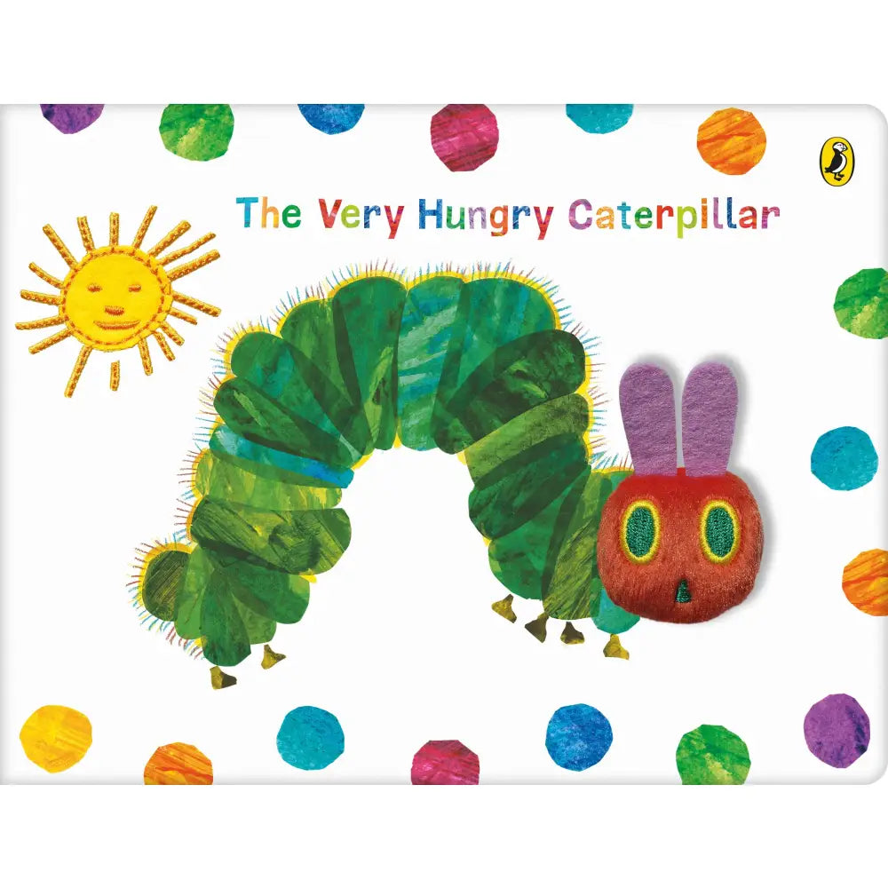 Green caterpillar with a red head and purple antennae.