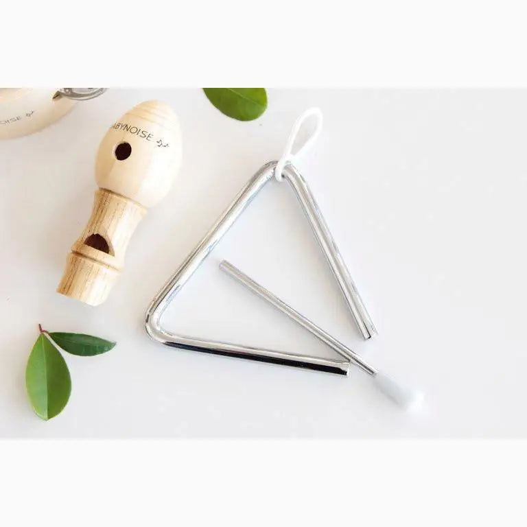 Triangle-shaped musical instrument with a metal striker.