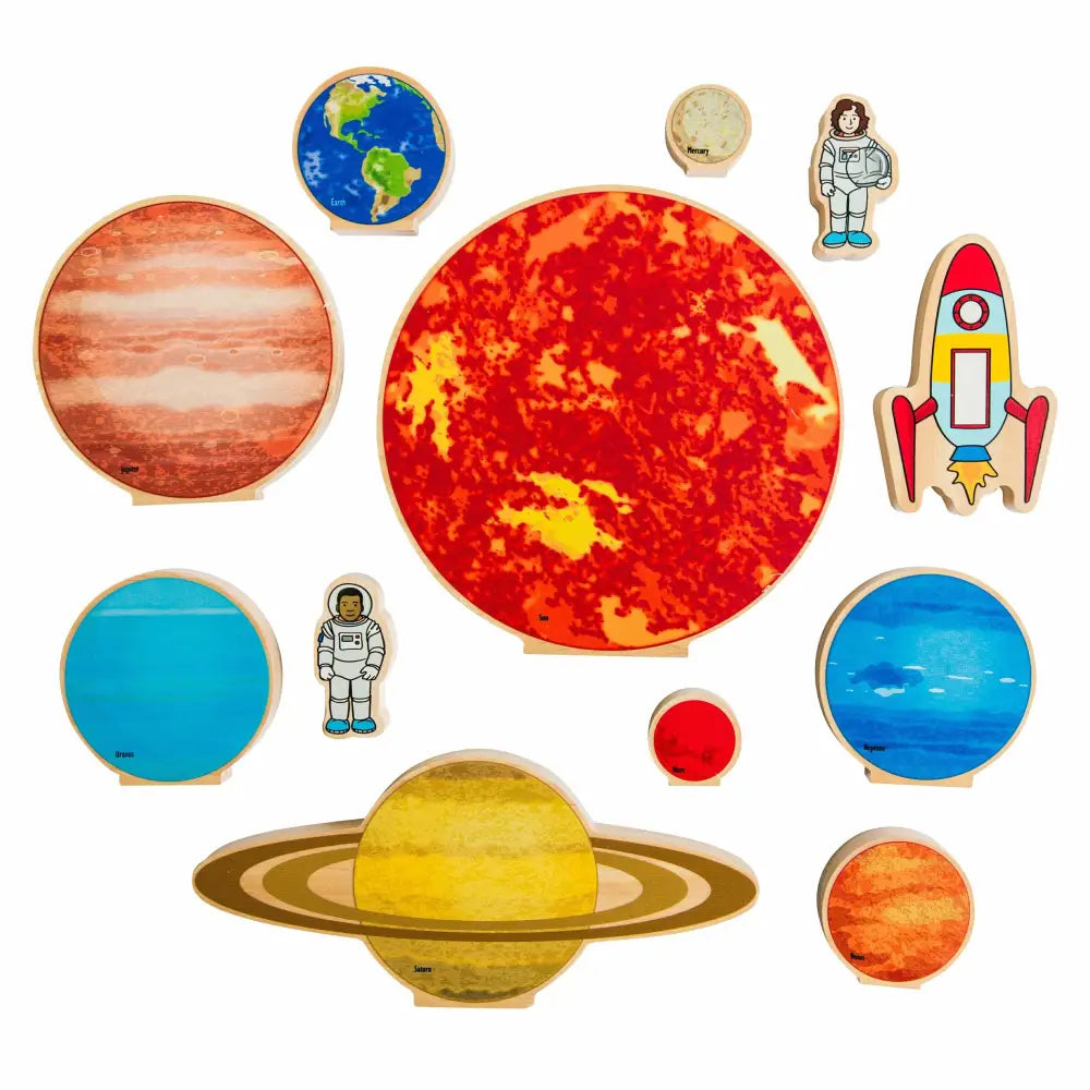 Collection of colorful wooden or cardboard cutouts depicting planets, astronauts, and a rocket from our solar system.