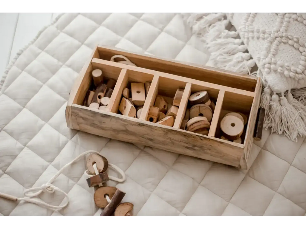 Wooden box with compartments containing various wooden toys and shapes.