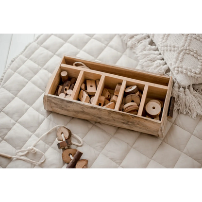 Wooden box with compartments containing various wooden toys and shapes.