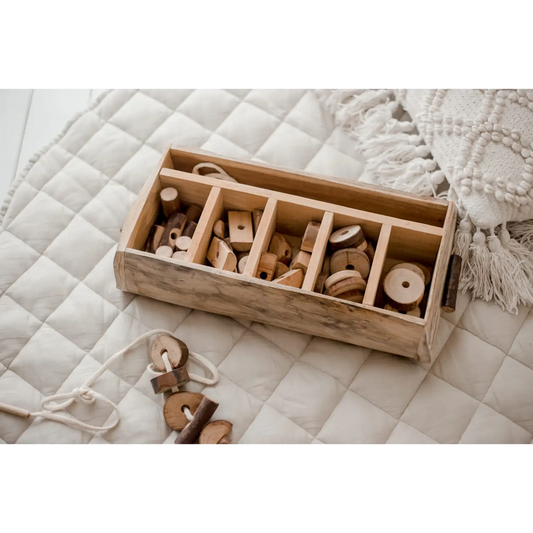 Wooden box with compartments containing various wooden toys and shapes.