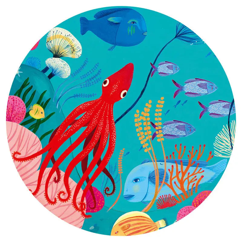 Vibrant underwater scene featuring a red octopus among colorful sea creatures and coral.