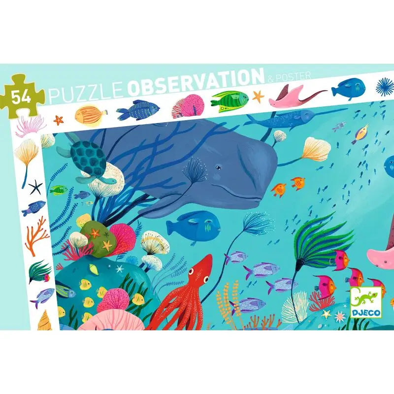 Colorful underwater scene featuring various sea creatures and a prominent blue whale.