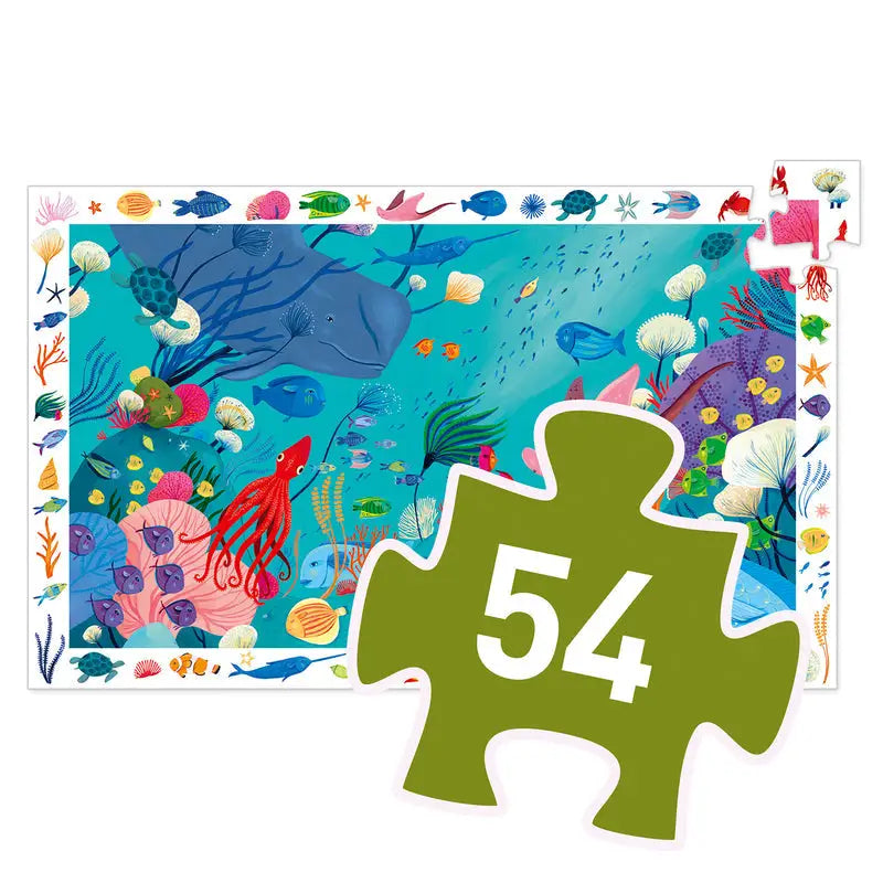 Colorful underwater scene puzzle with a green puzzle piece showing the number 54.