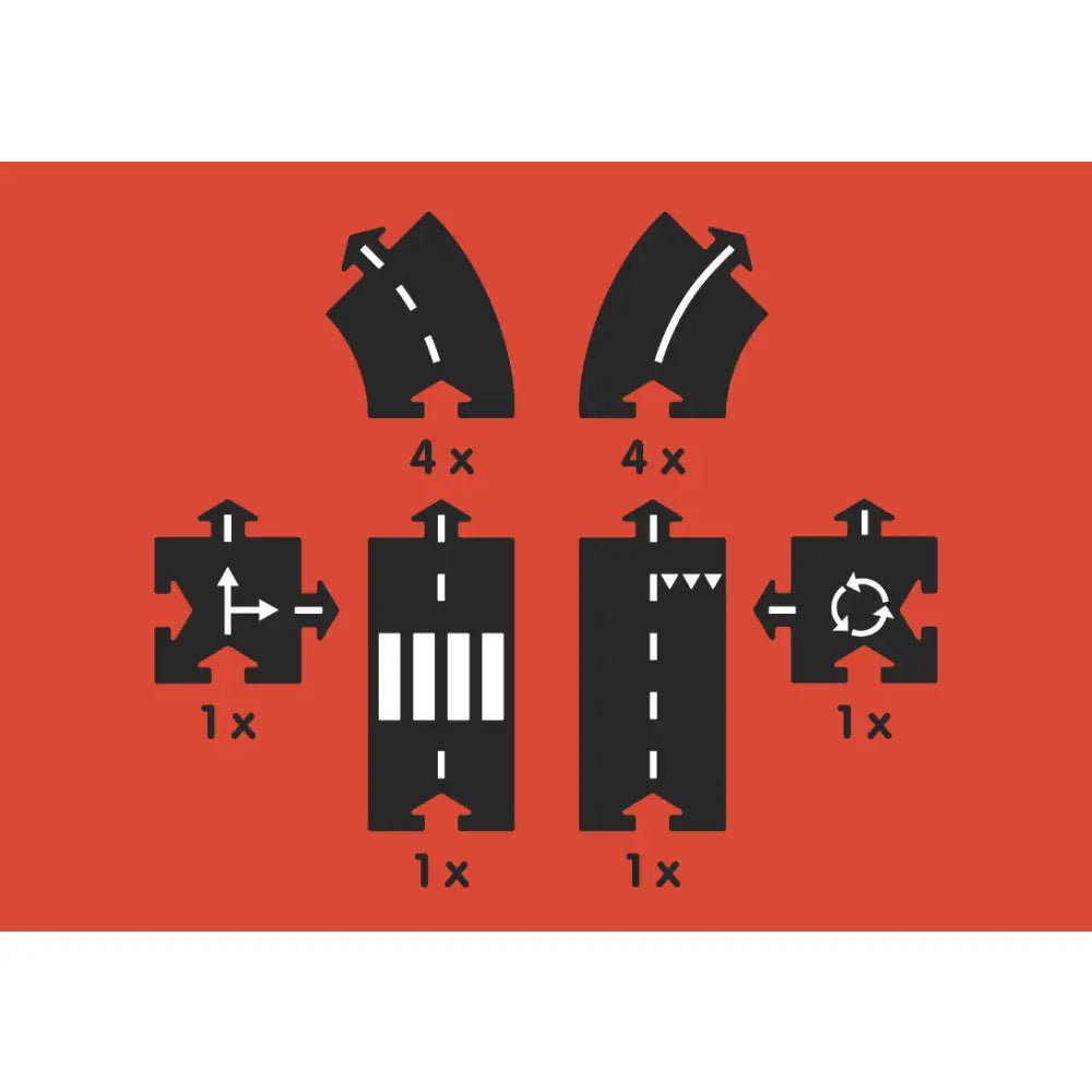 Set of stylized road or track pieces resembling a construction or racing toy.