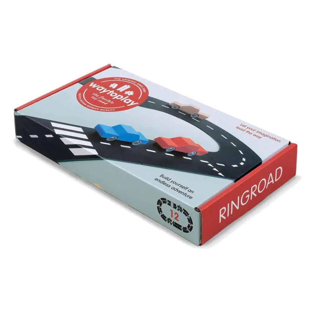Boxed toy car racing track set called ’Ringroad’ with illustrated road and vehicles on the packaging.