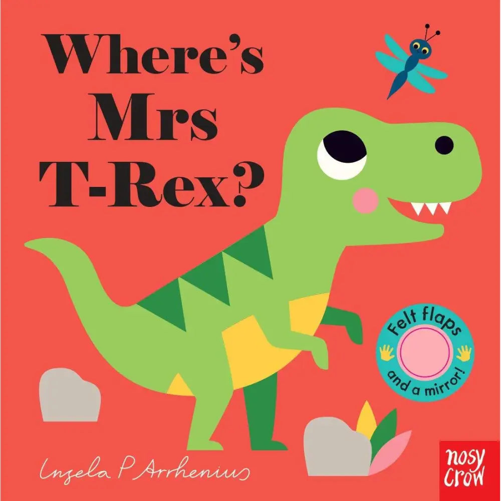 Cartoon green T-Rex dinosaur with yellow legs on a red background.