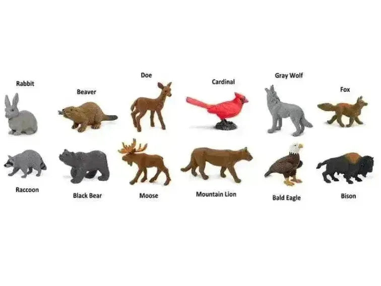 Collection of North American animal figurines with labels identifying each species.