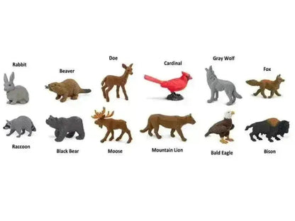 Collection of North American animal figurines with labels identifying each species.