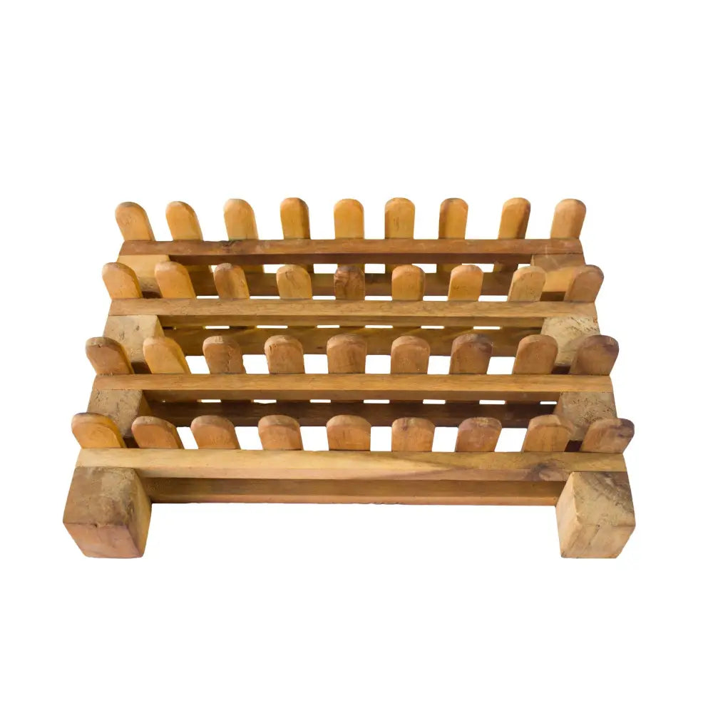 Wooden rack with multiple horizontal bars supported by vertical end pieces.