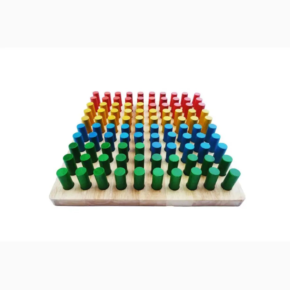 Wooden board with colorful cylindrical pegs arranged in rows.