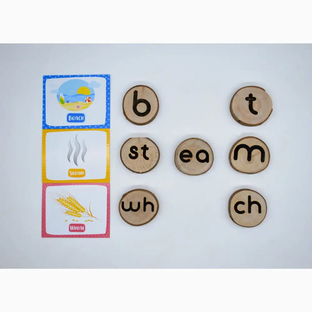 Educational materials featuring phonics word tiles and picture cards for teaching reading and language skills.