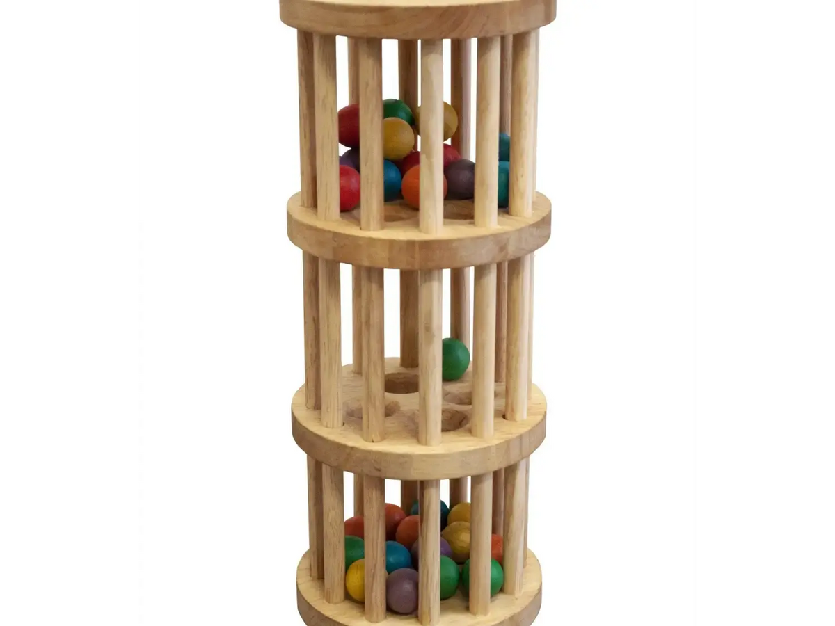 Wooden cylindrical toy with vertical bars containing colorful balls inside.