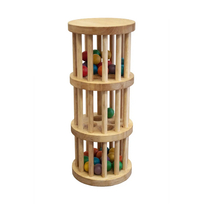 Wooden cylindrical toy with vertical bars containing colorful balls inside.