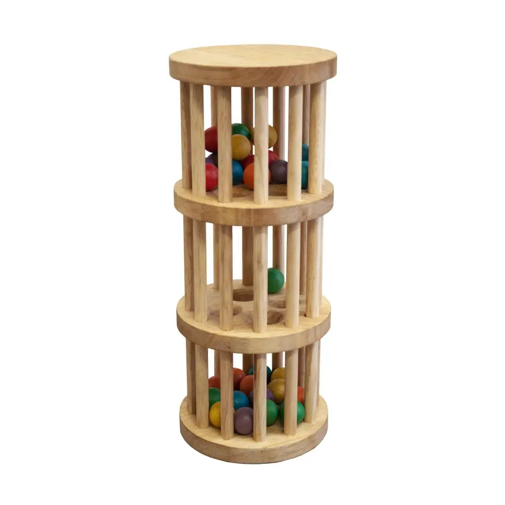 Wooden cylindrical toy with vertical bars containing colorful balls inside.