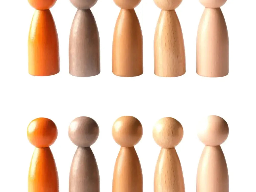 Wooden peg dolls in various shades of brown and orange arranged in two rows.