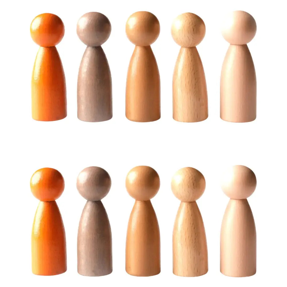 Wooden peg dolls in various shades of brown and orange arranged in two rows.