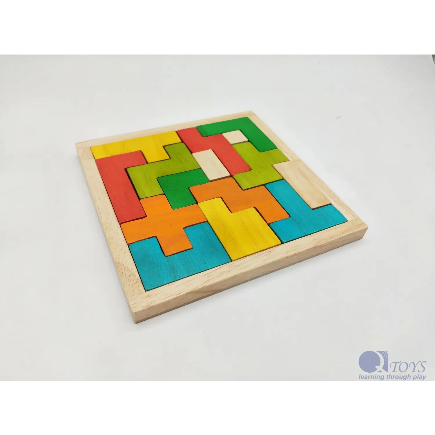 Wooden puzzle with colorful geometric pieces arranged in a square frame.